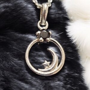 Genuine Black Spinel Moon & Star Pendant Necklace ~ 925 Sterling Silver